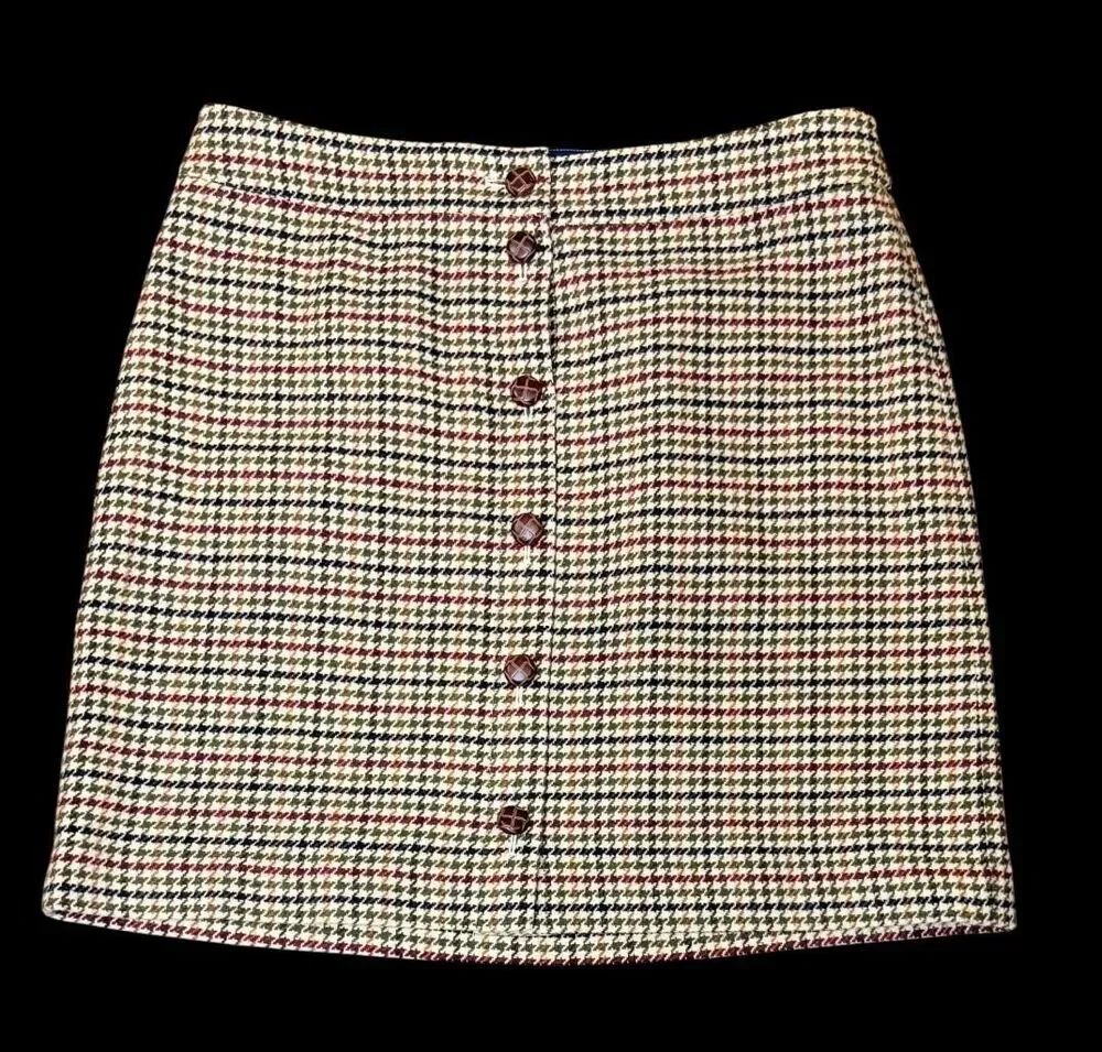 Talbots Wool Blend Houndstooth Mini Skirt 14Petite Brown Cream Preppy Classic - Picture 2 of 9